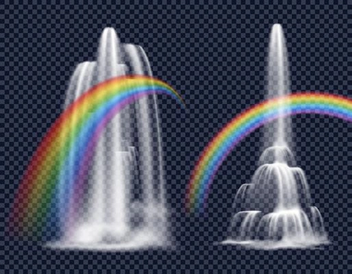 Set of isolated decorative elements representing waterfall cascade with rainbow on transparent background in realistic style vector illustration