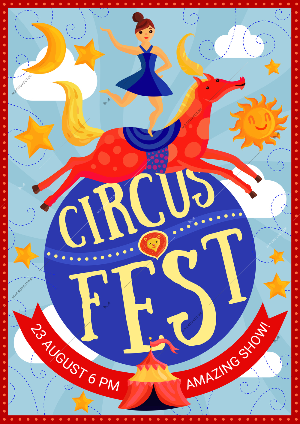 Circus show poster with girl rider doing tricks on horse on blue background with clouds vector illustration