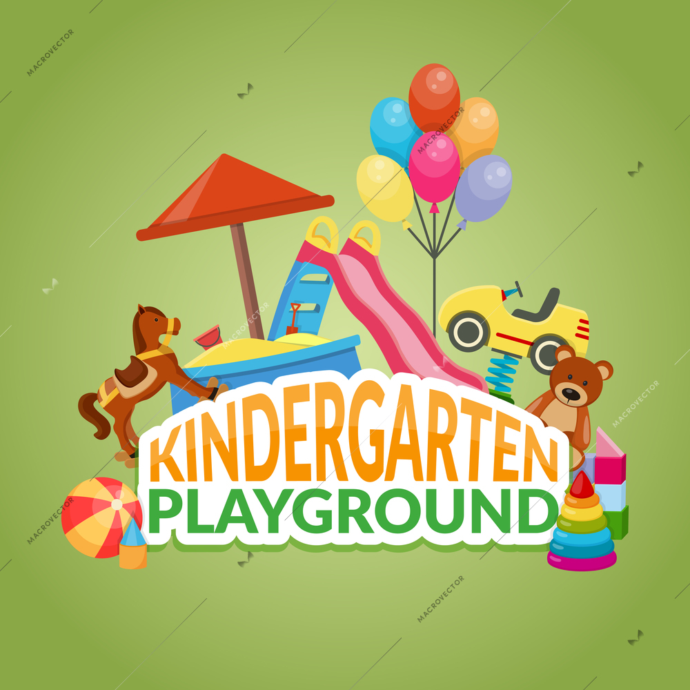 Playground elements of kindergarten flat composition with colorful toys, sandbox, slide, swings on green background vector illustration