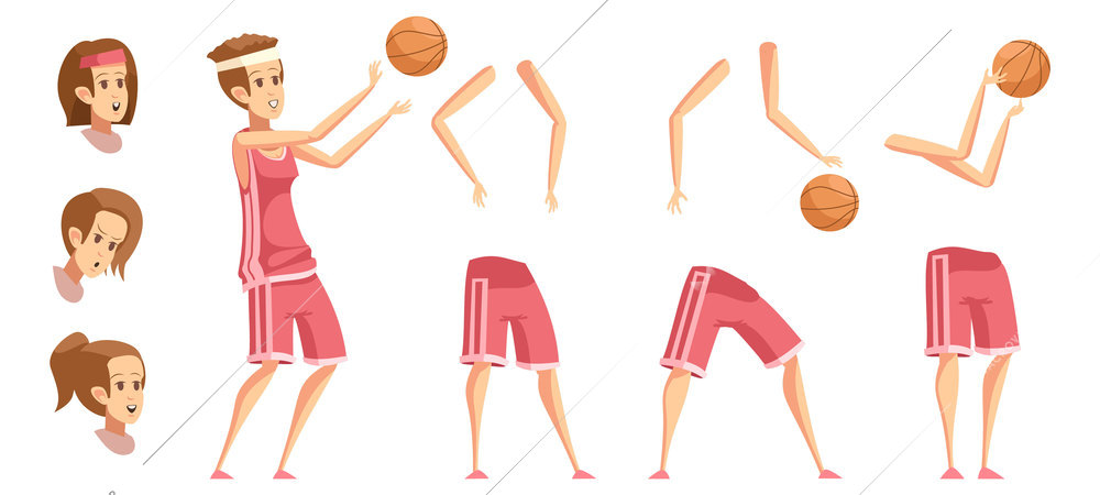 Sportswoman constructor retro cartoon set with isolated basketball player elements flat ball hands and bottoms images vector illustration