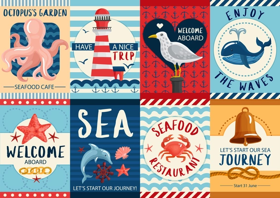 Set of nautical colorful banners and posters with sea wildlife for restaurants and journeys isolated vector illustration