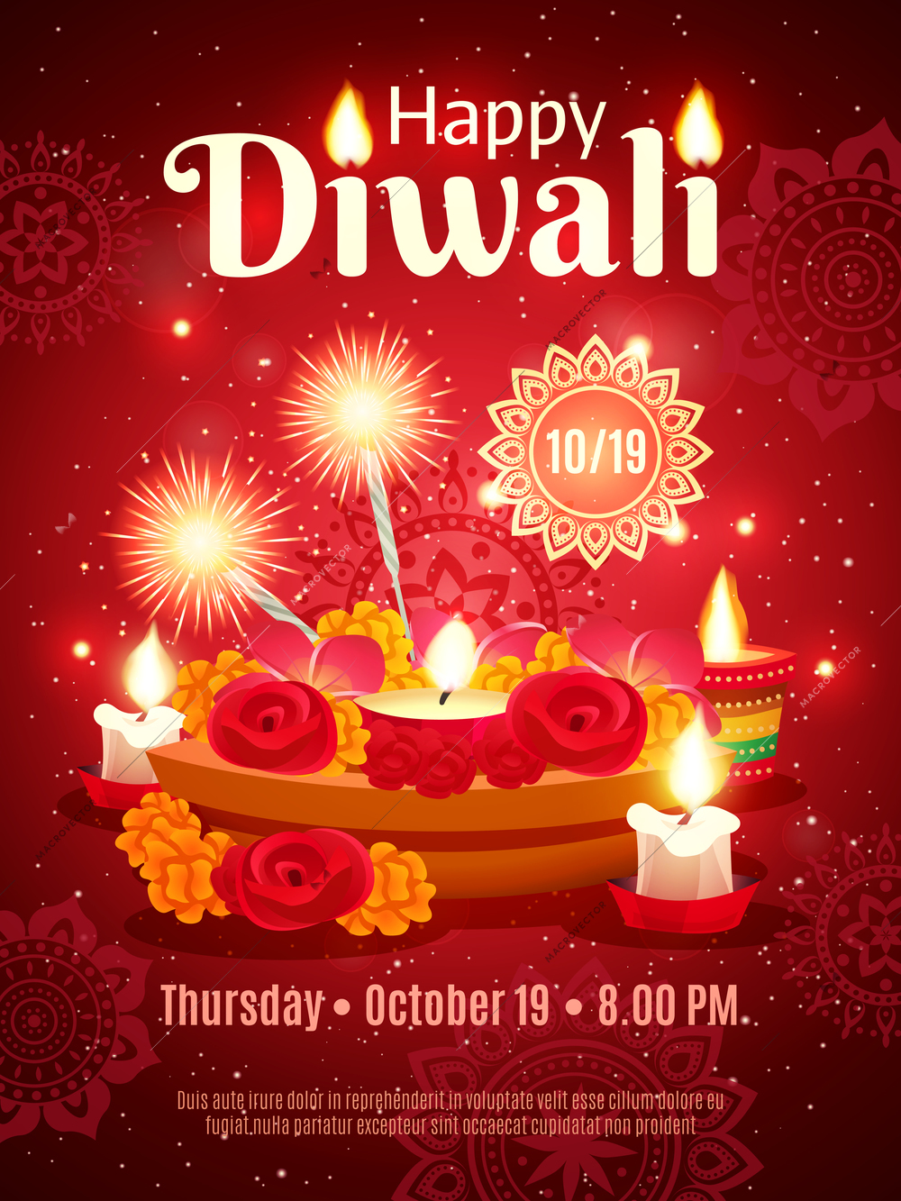 Beautiful colorful invitation poster of traditional indian holiday diwali decorated with ornament and accessories for festival realistic vector illustration