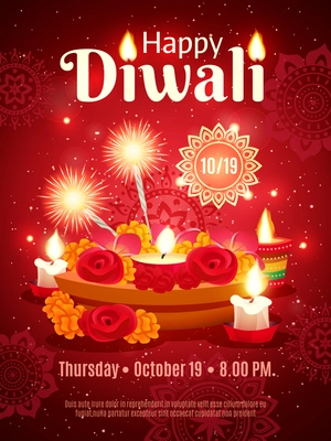 Beautiful colorful invitation poster of traditional indian holiday diwali decorated with ornament and accessories for festival realistic vector illustration