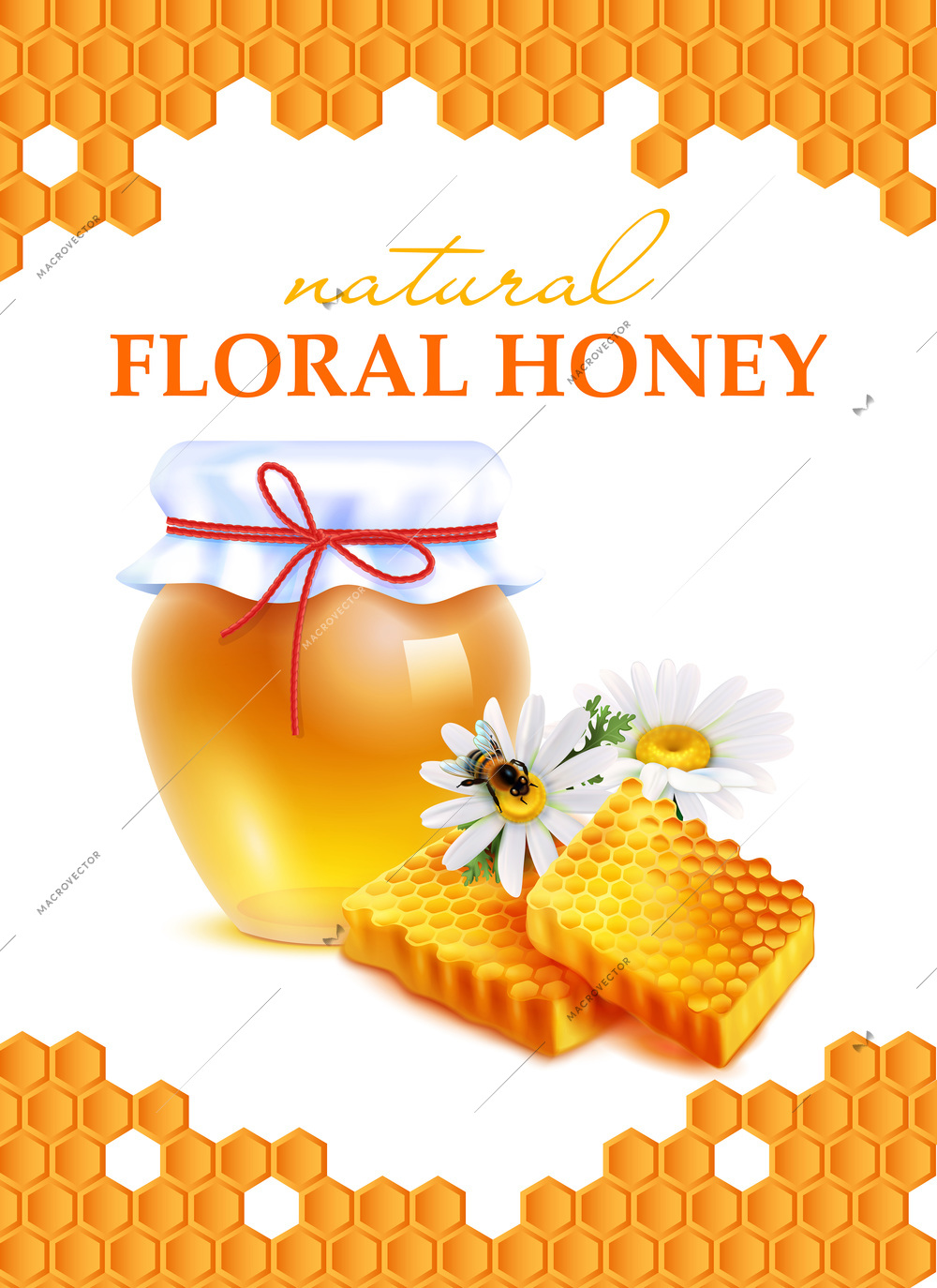 Natural floral honey realistic poster with honeycombs frame daisy flowers and glass jar of flower honey vector illustration