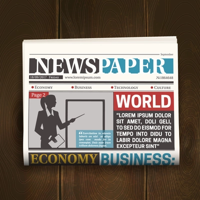 Newspaper front page poster with world news economy business headlines on dark wood background realistic vector illustration