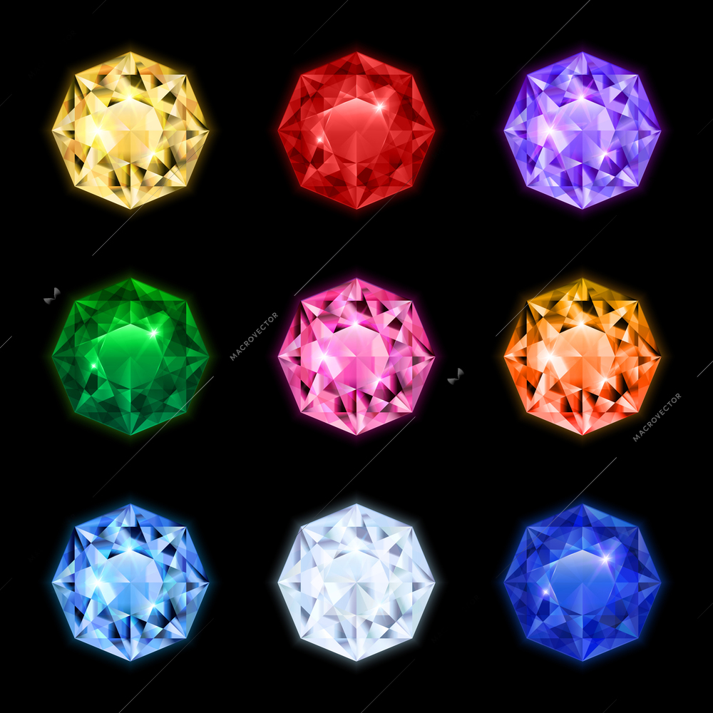 Colored and isolated realistic diamond gemstone icon set in round shapes and different colors vector illustration