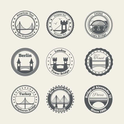 Bridge architecture city landmark harbor construction black silhouette icon set isolated vector illustration