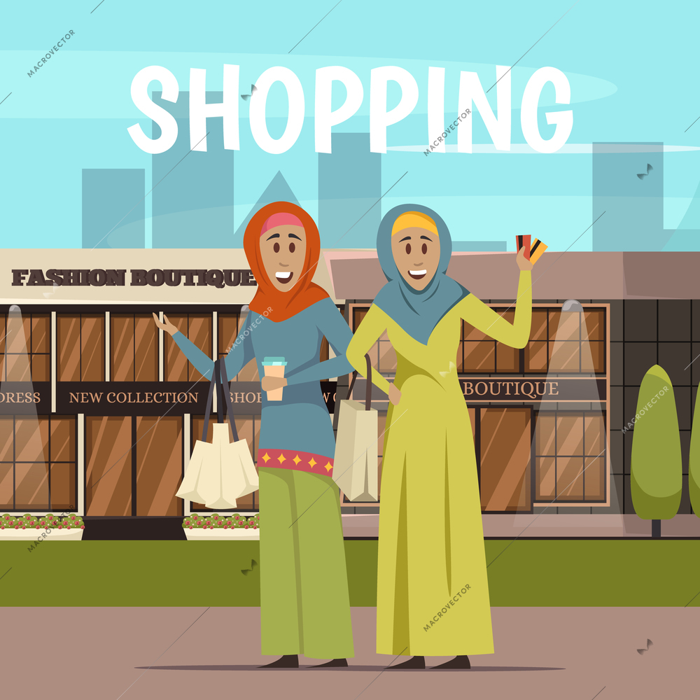 Arabic woman and shopping background with supermarket symbols flat vector illustration