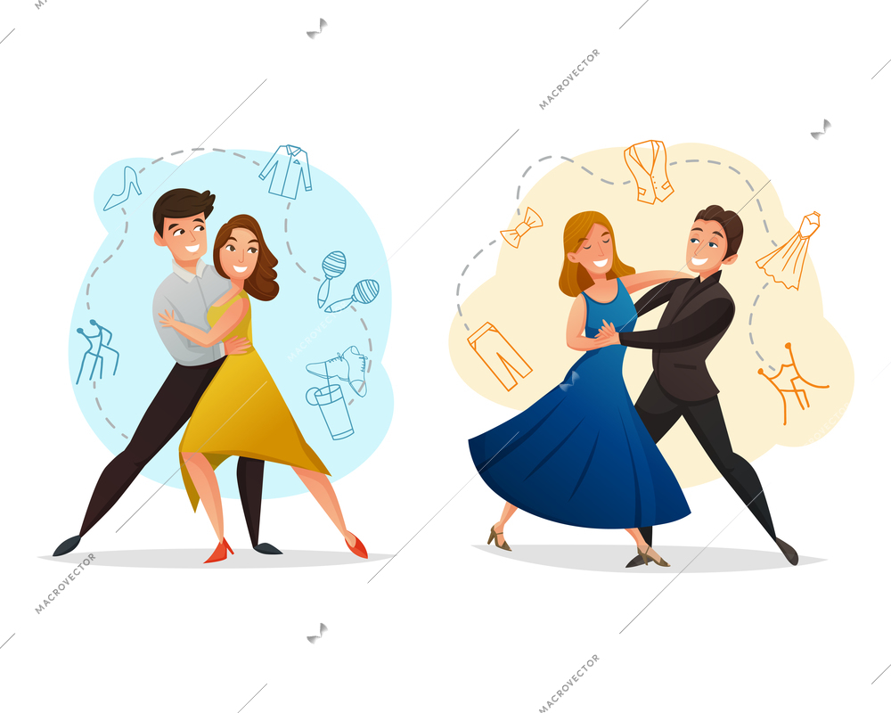 Classic pair dance 2 web templates set with tango and waltz moves background retro isolated vector illustration