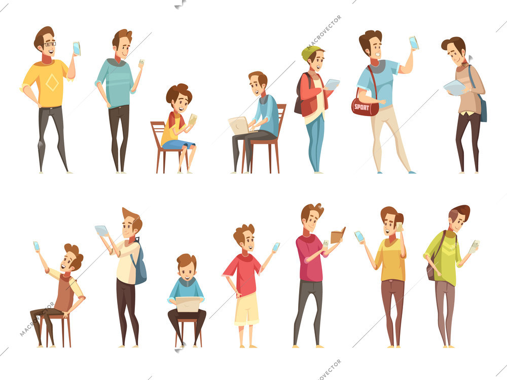 Teenage boys groups with electronic smart cellphones gadgets communicating online retro cartoon icons collection isolated vector illustration