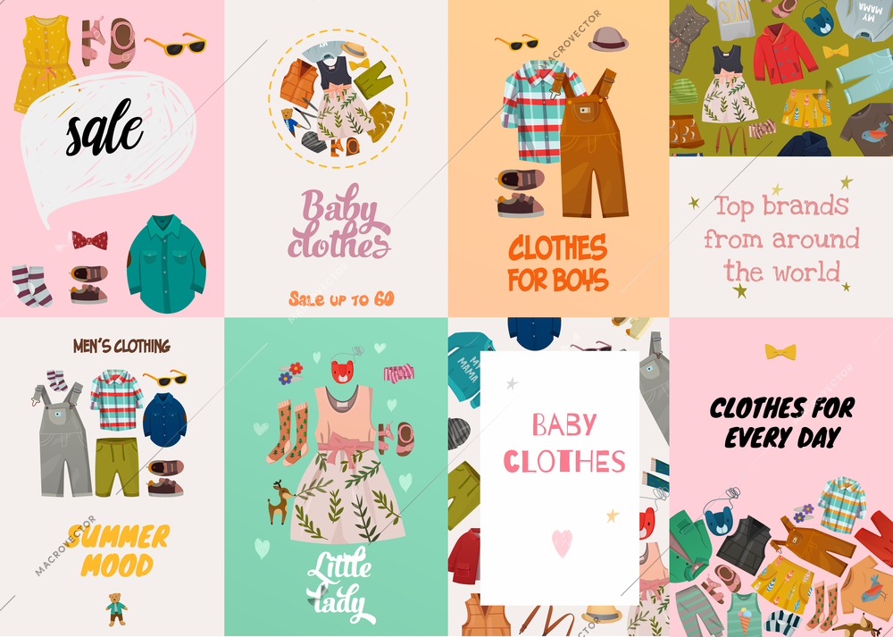 Flat design set of fashion cards with top brand summer casual clothes for children isolated on colorful backgrounds vector illustration