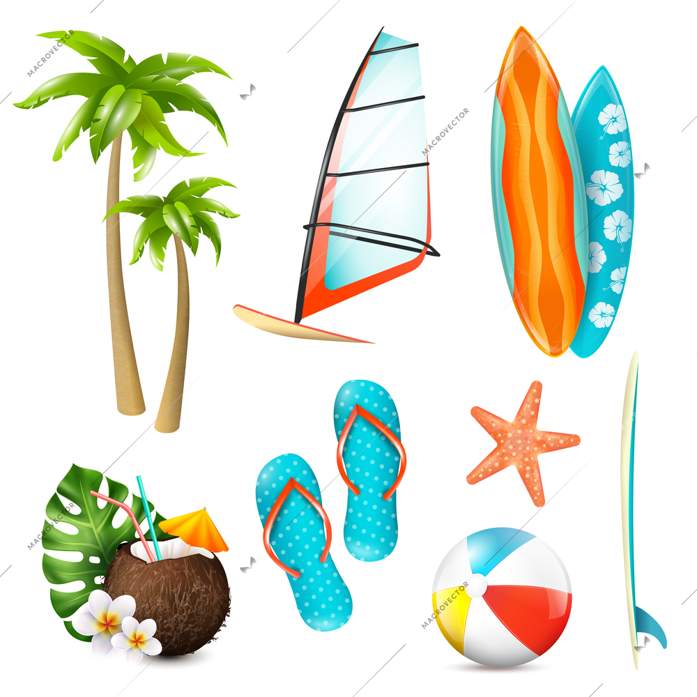 Summer surf vacation essentials colorful icons set with gear palms starfish fresh coconut cocktail isolated vector illustration