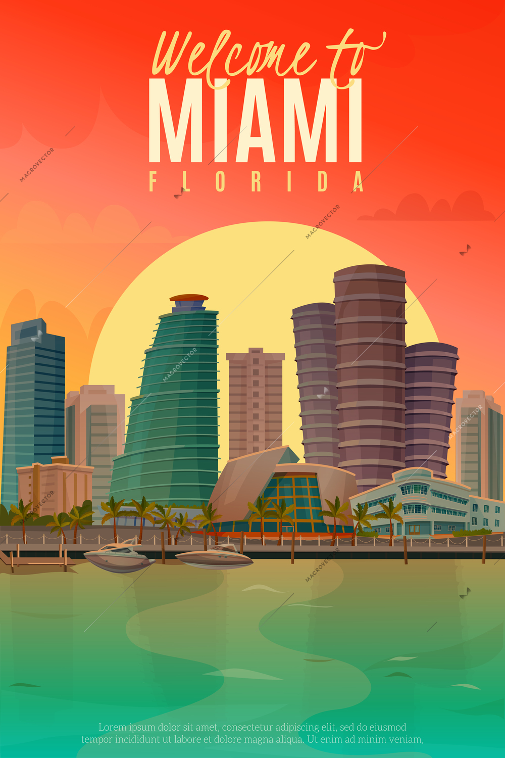 Flat design poster with beautiful evening scene of Miami vector illustration