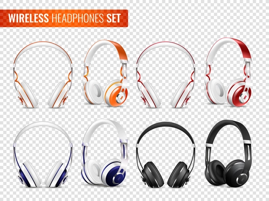 Set of realistic wireless earphones of various color with headband on transparent background isolated vector illustration