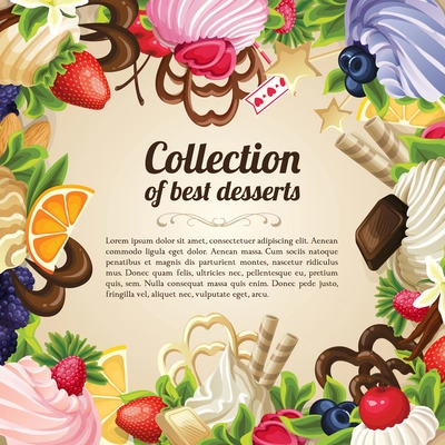 Sweets collection of best desserts food frame with chocolate berry and vanilla cream vector illustration