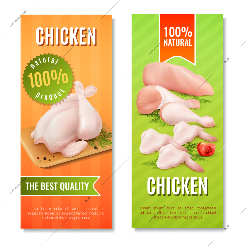 Vertical banners with chicken meat including carcass, fillet, legs and wings on bright background isolated vector illustration