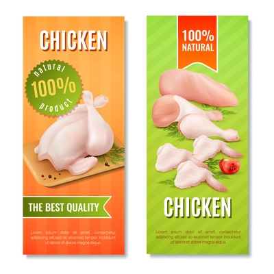 Vertical banners with chicken meat including carcass, fillet, legs and wings on bright background isolated vector illustration