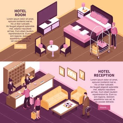 Two horizontal colored isometric hotel banner set with hotel room and reception descriptions with more buttons vector illustration