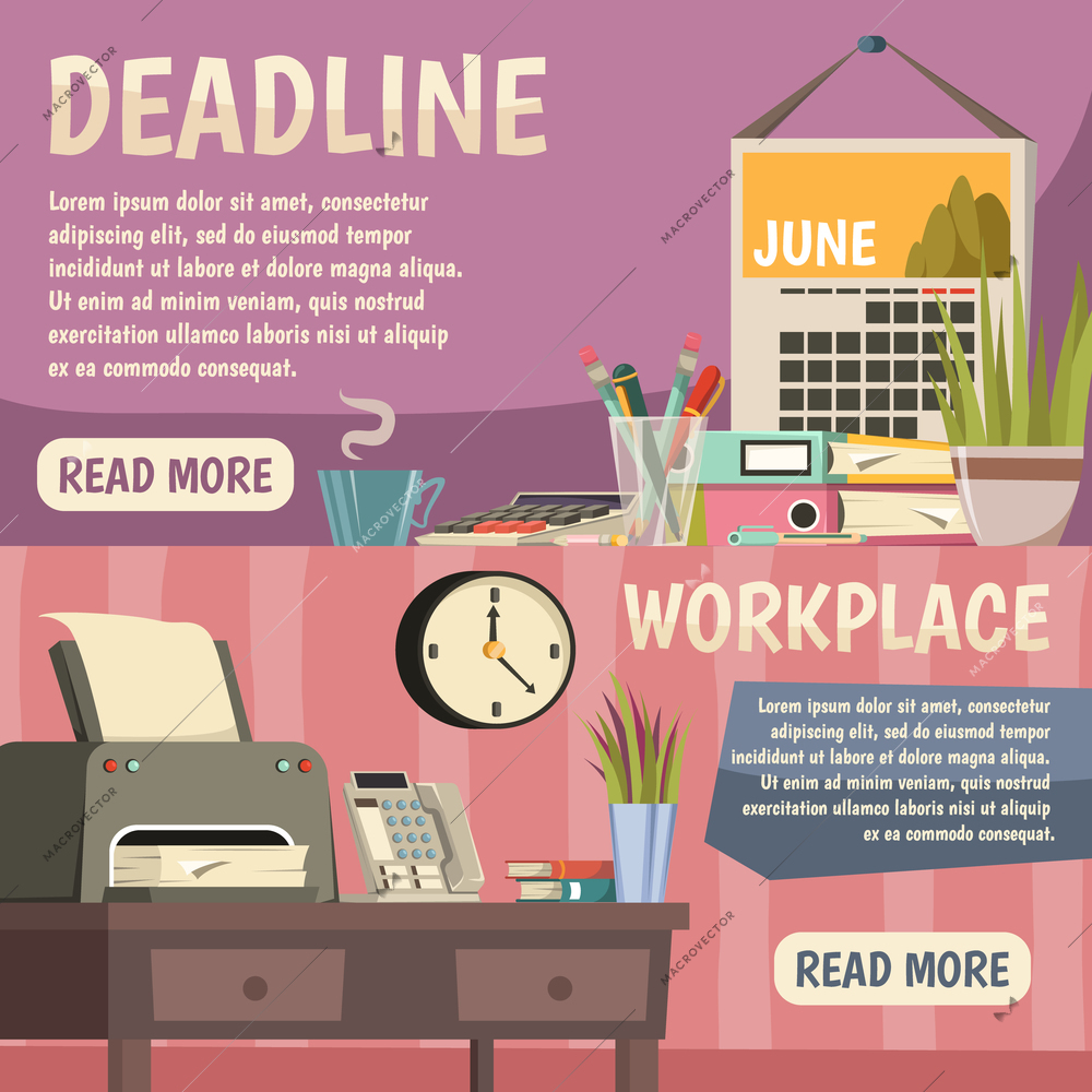 Two horizontal office orthogonal banner set deadline and workplace descriptions with read more buttons vector illustration