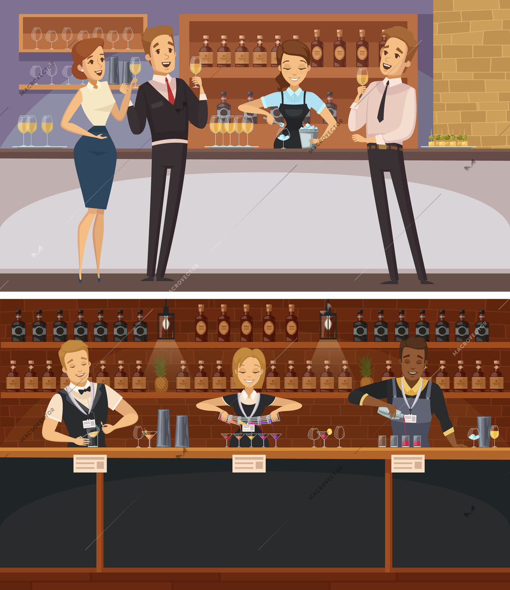 Party in bar interior cartoon horizontal banners with bartenders and guests holding wine glasses flat vector illustration