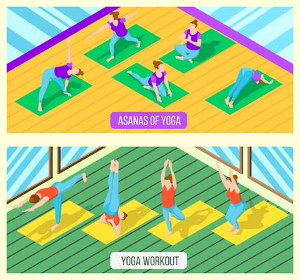 Isometric horizontal banners set with women practising various yoga asanas in fitness studio 3d isolated vector illustration