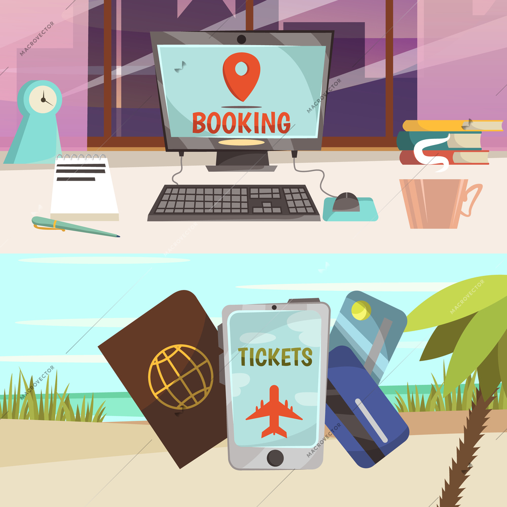 Two horizontal online booking services banner set with book the trip on laptop and buy ticket online by phone vector illustration