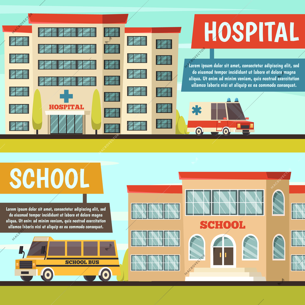 Two horizontal colored orthogonal municipal buildings banner set with hospital and school buildings vector illustration