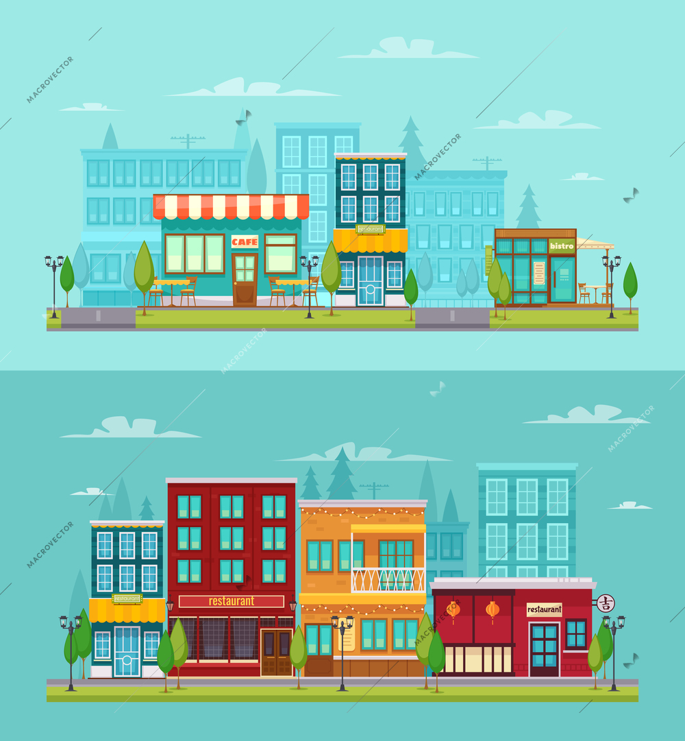 City street view 2 flat horizontal banners set with bistro restaurant bar and cafe isolated vector illustration