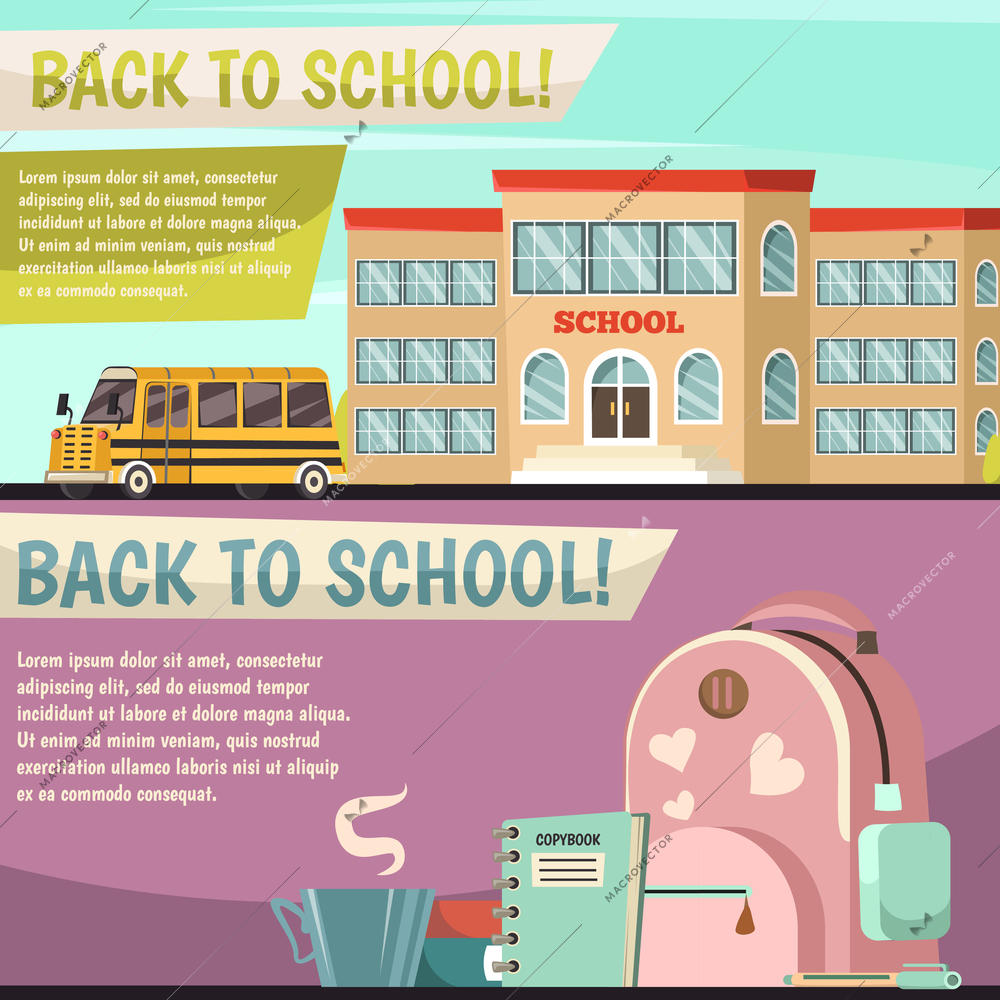 Two horizontal school orthogonal banner set with back to school headline and school tools vector illustration