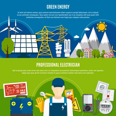 Horizontal flat banners with clean energy and professional electrician on blue and green background isolated vector illustration