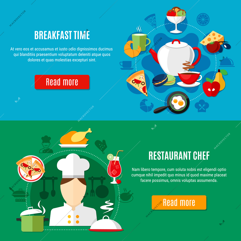 Restaurant chef kitchen utensils and menu for breakfast horizontal banners set on colorful backgrounds flat isolated vector illustration