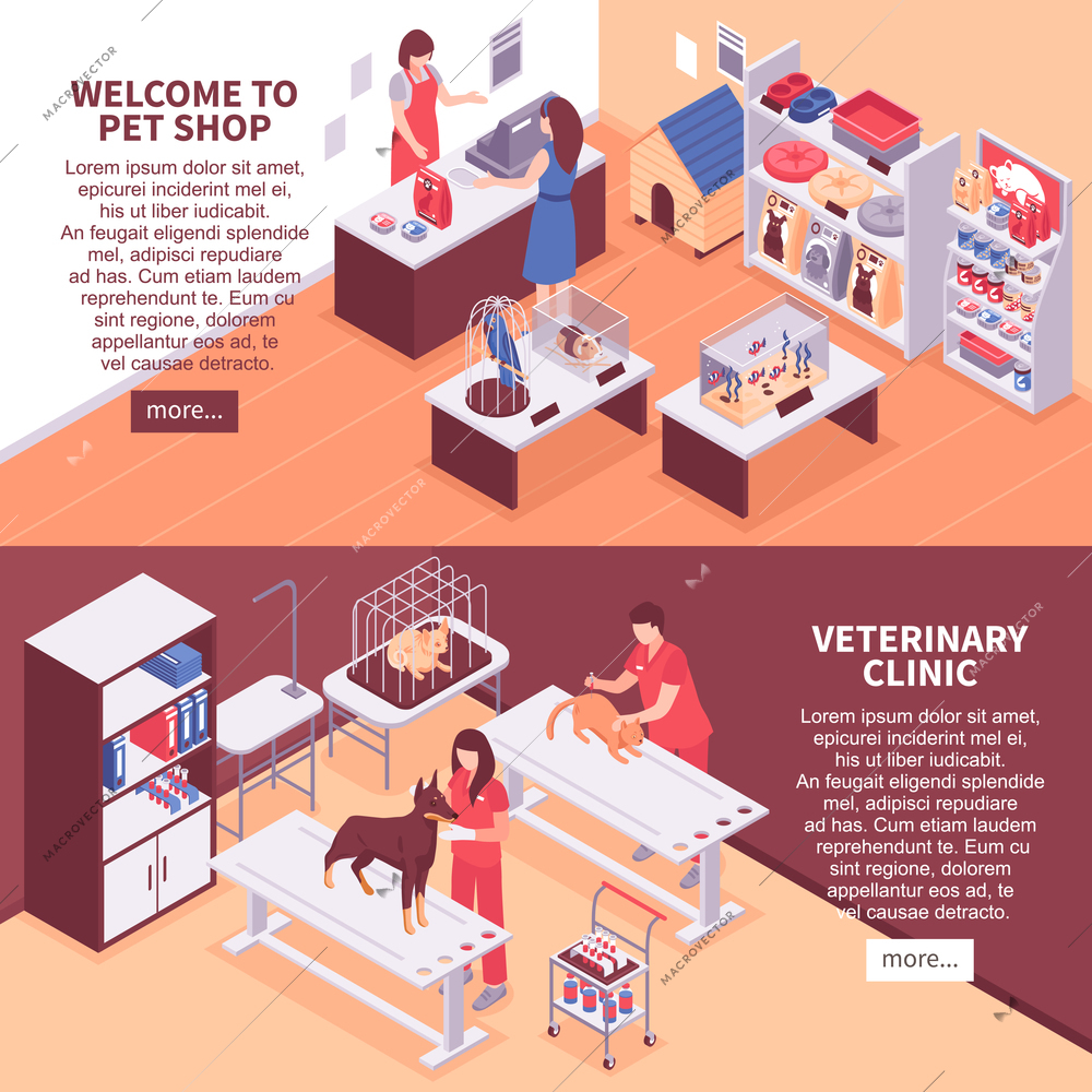 Two horizontal isometric pet shop banner set with welcome to pet shop veterinary clinic and more button vector illustration