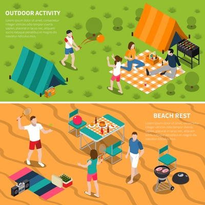 Two horizontal summer outdoor activity people banner set with outdoor activity and beach rest descriptions vector illustration