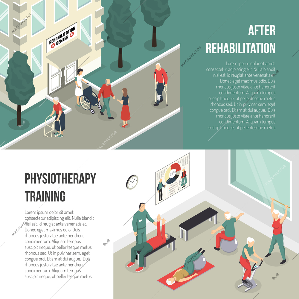 Rehabilitation center and physiotherapy training isometric horizontal banners with people figurines leaving health care facility and performing exercises vector illustration