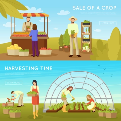 Gardening horizontal banners on blue sky background with sale of crop and harvesting time isolated vector illustration