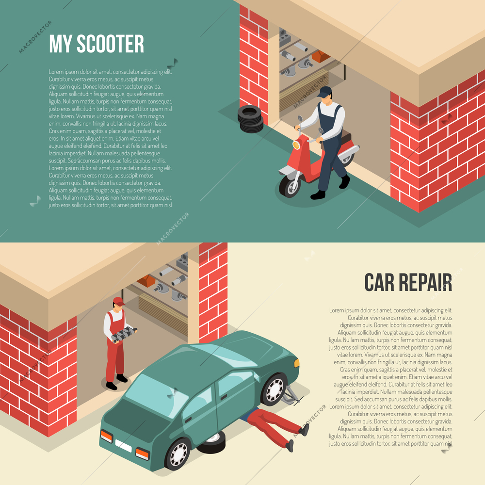 Garage horizontal isometric banners including person with scooter and men doing car repair isolated vector illustration