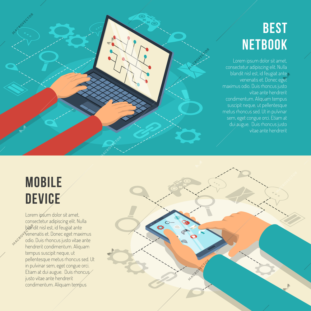 Internet of things horizontal banners with hands working at mobile device including netbook isolated vector illustration
