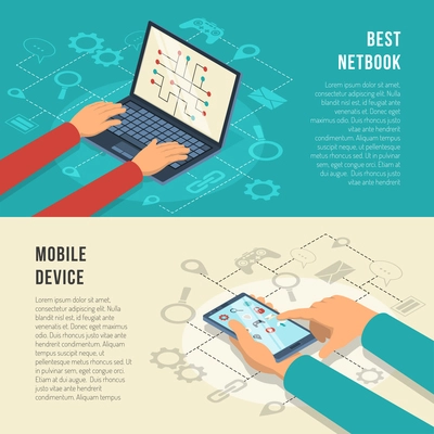 Internet of things horizontal banners with hands working at mobile device including netbook isolated vector illustration