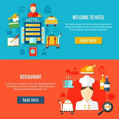 Welcome to hotel and restaurant service horizontal banners with bellboy and waiter figurines food and transfer icons flat vector illustration