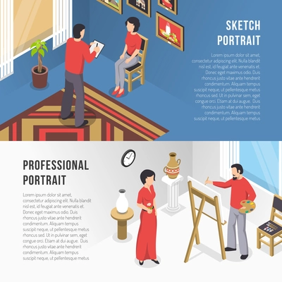 Horizontal isometric banners with artist drawing professional portrait and sketch of woman in studio isolated vector illustration