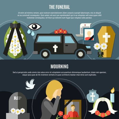 Funeral and mourning horizontal banners set with death symbols flat isolated vector illustration