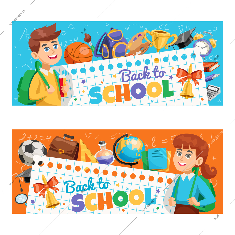 Back to school 2 horizontal colorful banners with classroom ready smiling schoolchildren with backpacks isolated vector illustration