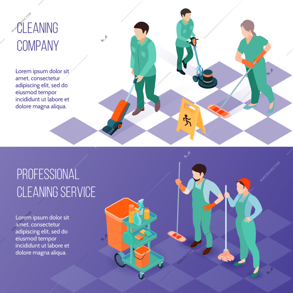 Professional industrial deep cleaning company team equipment and services 2 horizontal isometric banners set isolated vector illustration