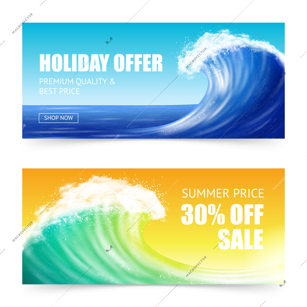 Horizontal banners with big ocean wave, advertising offer for summer vacation isolated on colorful background vector illustration