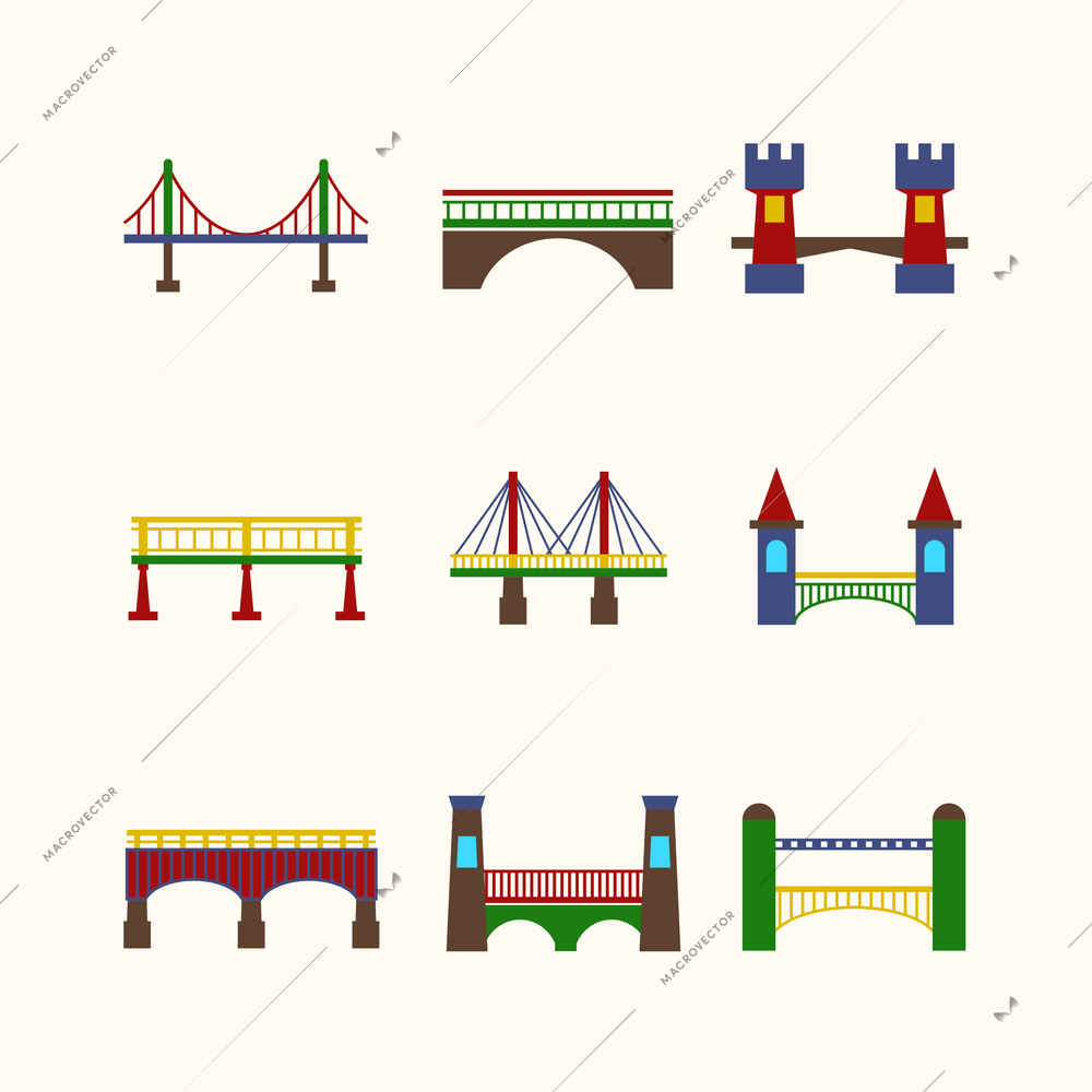 Bridge architecture city landmark harbor construction flat icon set isolated vector illustration