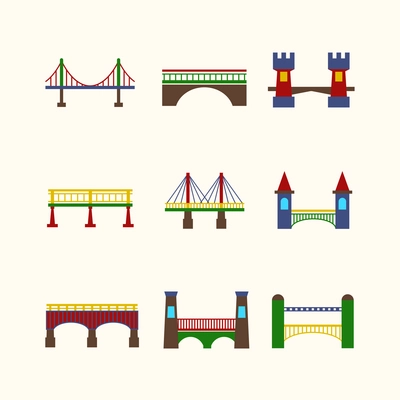 Bridge architecture city landmark harbor construction flat icon set isolated vector illustration