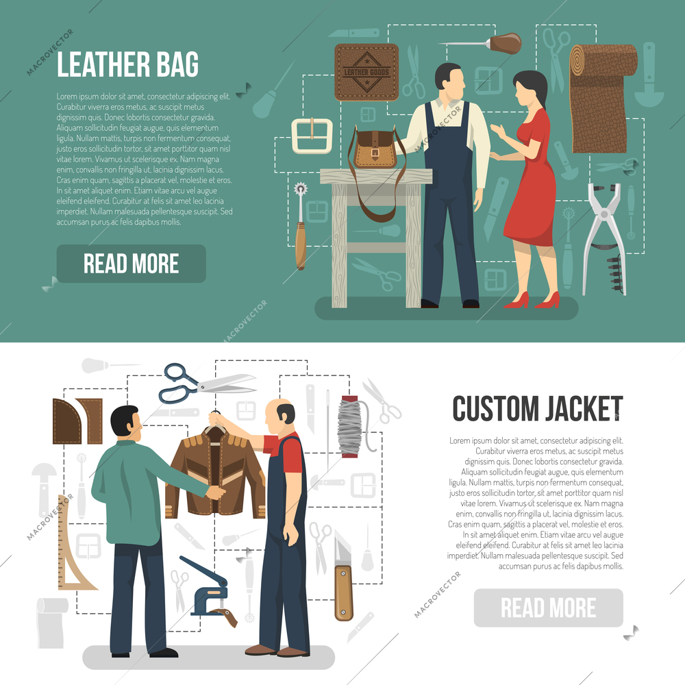 Manufacturing of leather clothing and accessories horizontal banners with customers and skinners demonstrating finished goods flat vector illustration