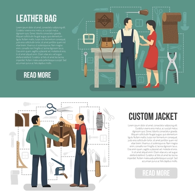 Manufacturing of leather clothing and accessories horizontal banners with customers and skinners demonstrating finished goods flat vector illustration