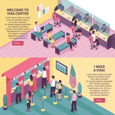 Visa center horizontal banners set with interview symbols isometric isolated vector illustration