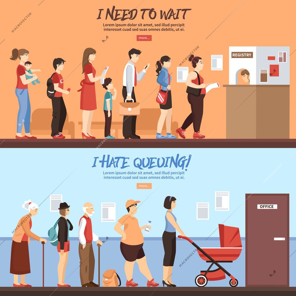 Queue horizontal banners set with people and registry service flat isolated vector illustration